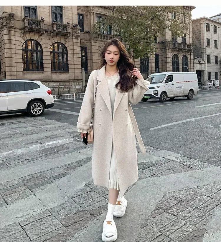 Elegant Comfort: 2024 Korean Loose-Fit Belted Wool Overcoat