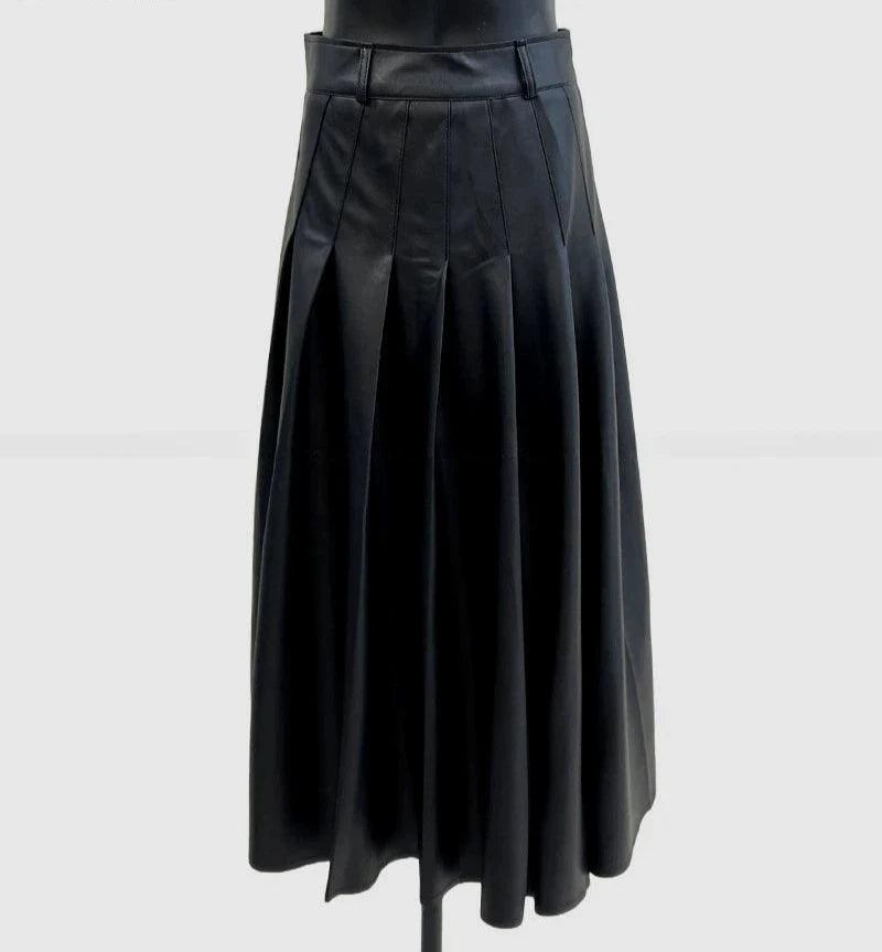 Fashion High Waist PU Leather Skirts Women Loose Pleated Skirts for Women