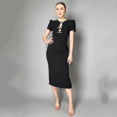 2024 Women’s Black Hollow Diamond Bandage Midi Dress - Trendy Mix