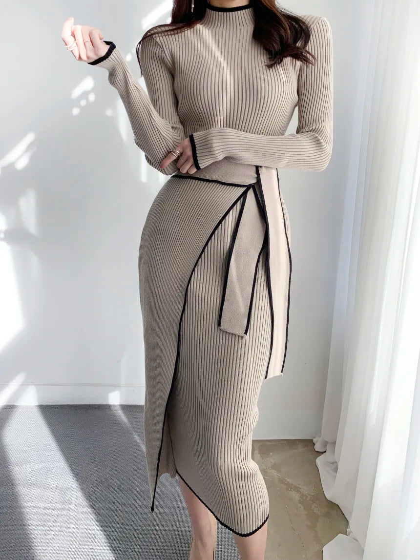 Long Sleeve Women Knitted Dress Autumn Korean Fashion Casual Knit