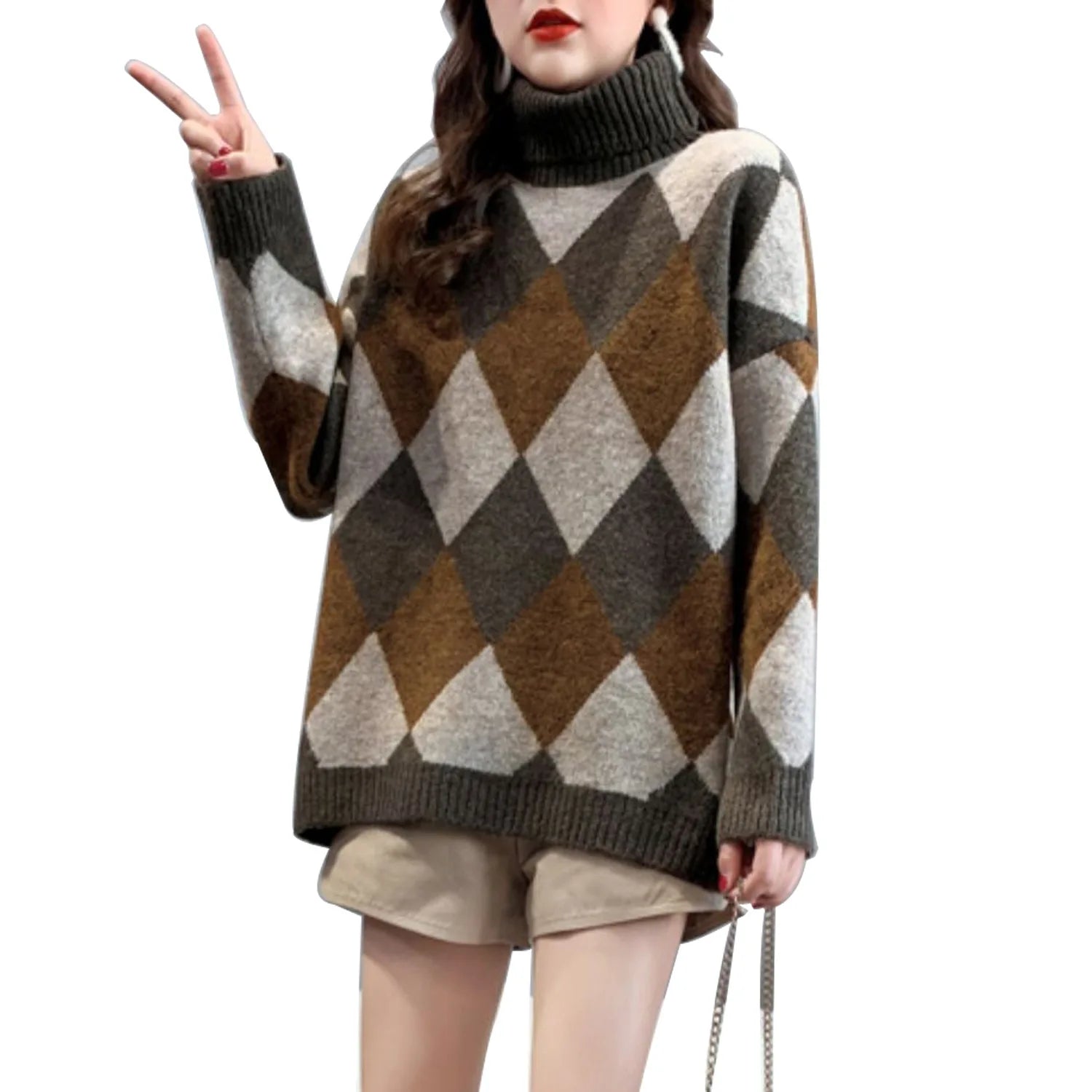 Women Sweater Turtleneck Long Batwing Sleeve Knitted Pullover