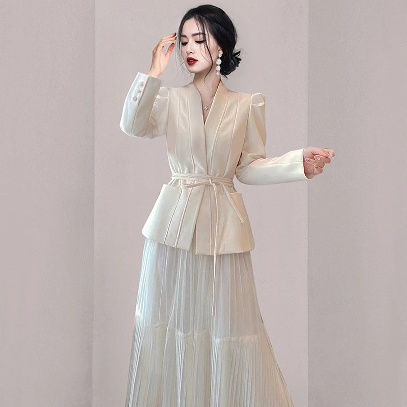 Elegant Spring Office Ladies 2 Piece Set Women V Neck Lace Up Pockets Puff Sleeve Blazer Coat + Mesh Long Pleated Skirt Suits