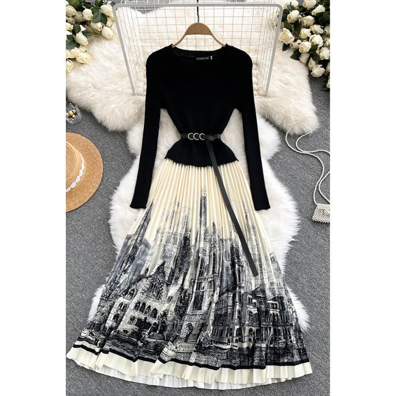 French Style Autumn Winter Inside Dress Fashion Belt Women's Waist Slim A-Line Ink Print Patchwork Knitted Pleated Skirt