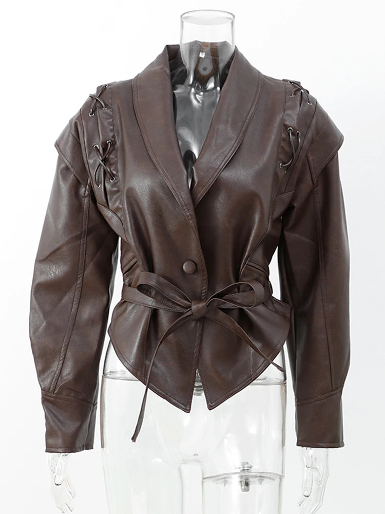 2024 Lace-Up Lapel Leather Jacket with Pockets