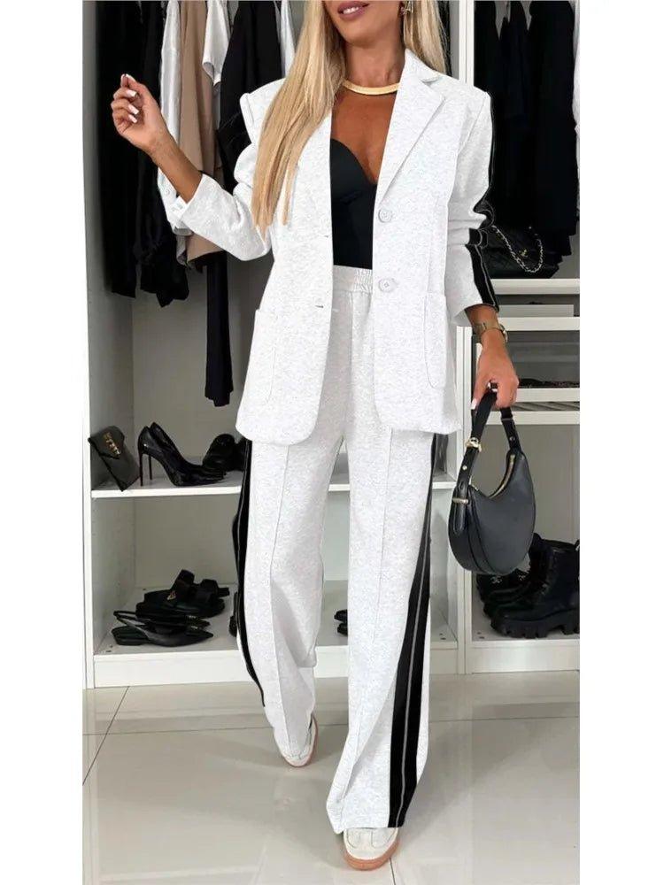 2 Piece Set Women Outfit Winter Fall Fashion V - neck Long Sleeve Blazer Coat Elegant Straight Leg Pant Set Women Sports Clothing - Trendy Mix