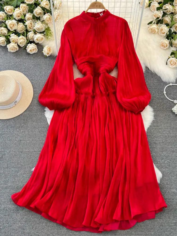 Women Holiday Style High Waist Pleated A-line Dresses Stand Collar Lantern Sleeve Vestidos Spring Summer 2024 - Trendy Mix