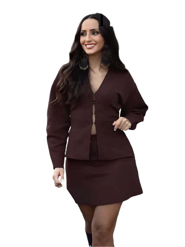 V-Neck Cardigan & High-Waist Mini Skirt Set