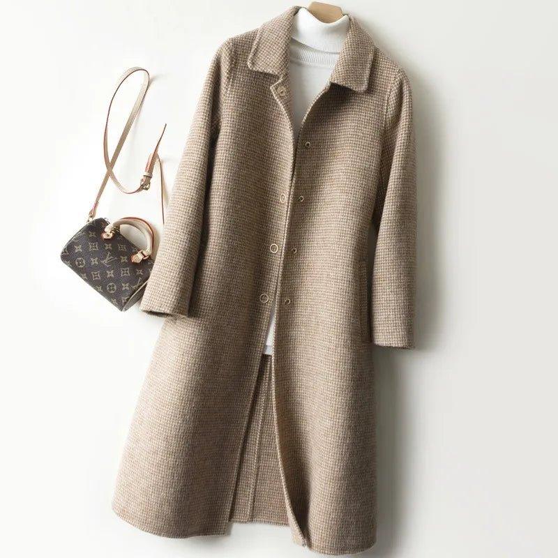 2024 Autumn Winter Temperament Commuter Fashion Loose Pure Color Slim Waist Woolen Double - sided Long Woolen Coat Woman - Trendy Mix