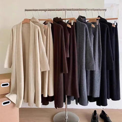 Cozy Thickened Knitted High Neck Tank Top Long Lapel Coat Loose Skirt Sweater 3 Pieces Set Solid Winter Robe Ribbed Woman Sets