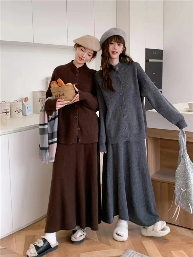 2024 Oversized Knitted Sets 2 Pieces Korean Fashion Cardigans With Long Skirts Spring Autumn Women Suits