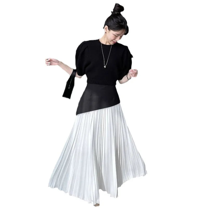 French Style Patchwork Pleated Skirt Pleated Contrasting Colors, High Waisted Women's Versatile Long Skirt