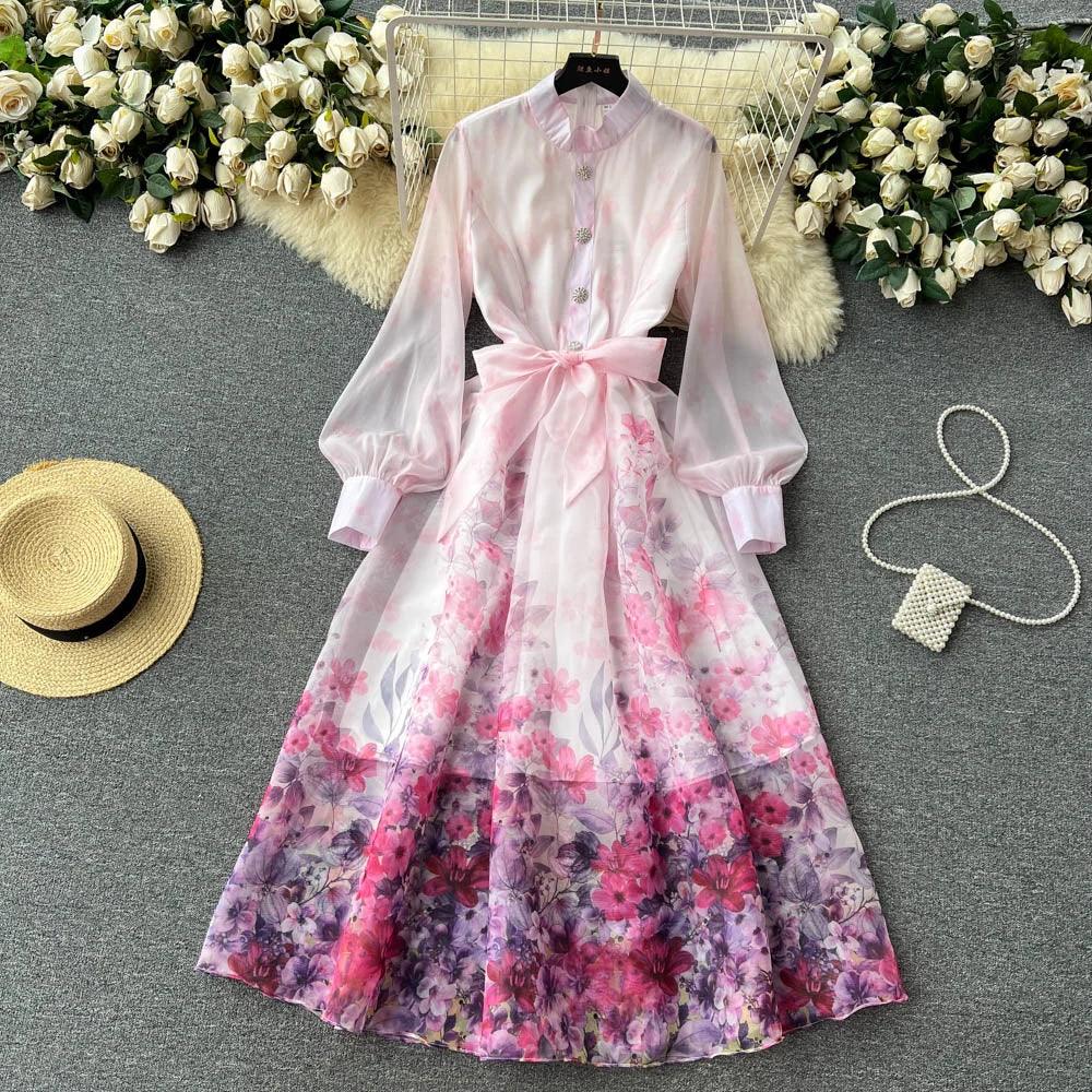 Retro Elegant Print Lace Up Dress A-line Long - Trendy Mix