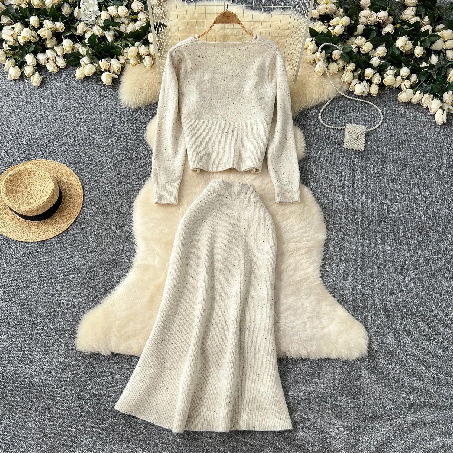 Women Long Sleeved Knitted Cardigan+tank Top+fashion High Waist Slim Half-length Skirt Suit Women Solid Street Three-piece Suit - Trendy Mix