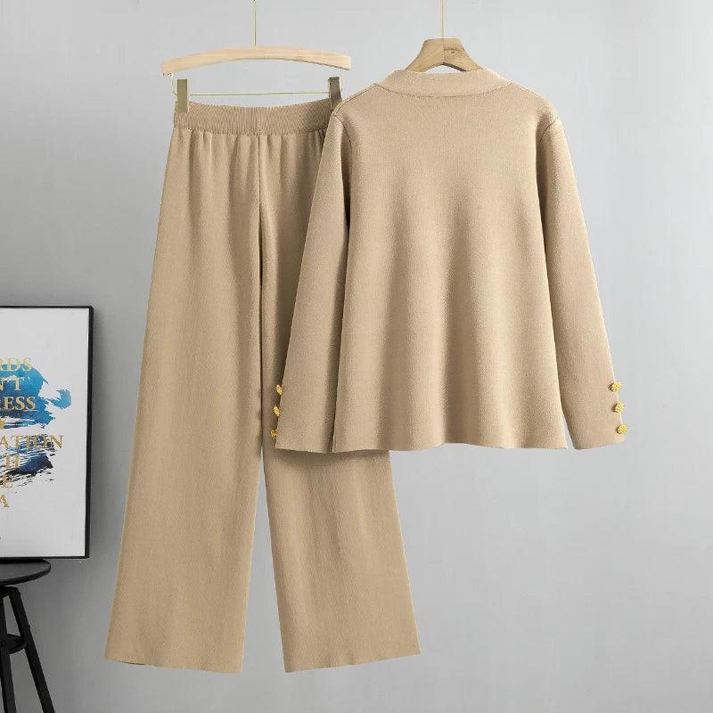 Spring 2024 V-Neck Knitted Cardigan & Wide Leg Pants Set