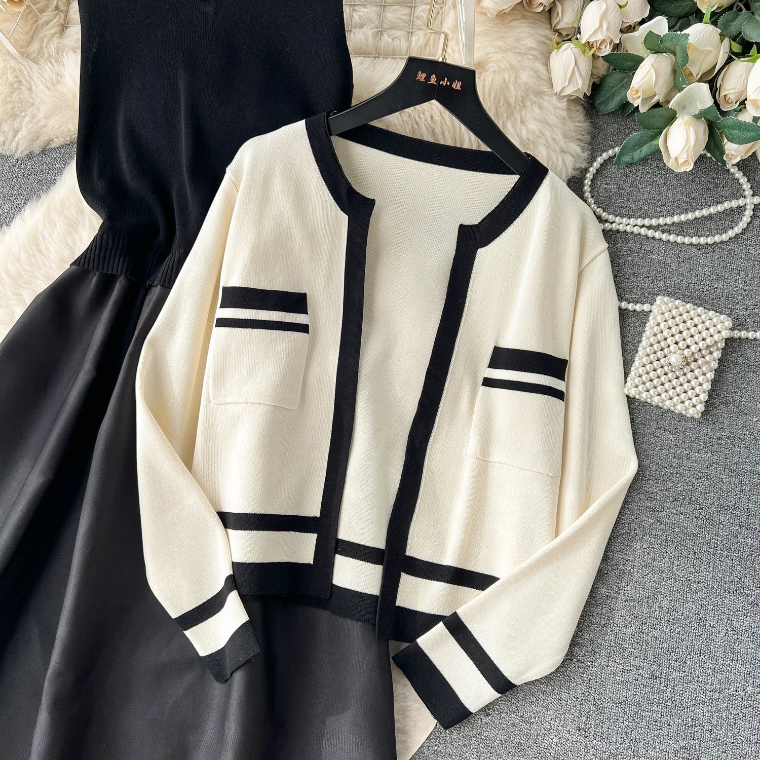 Chic Twp-piece Sets Casual Loose Patchwork Coat Basics Sleeveless Spliced A-line Sundress Evening Autumn Winter Women Clothing