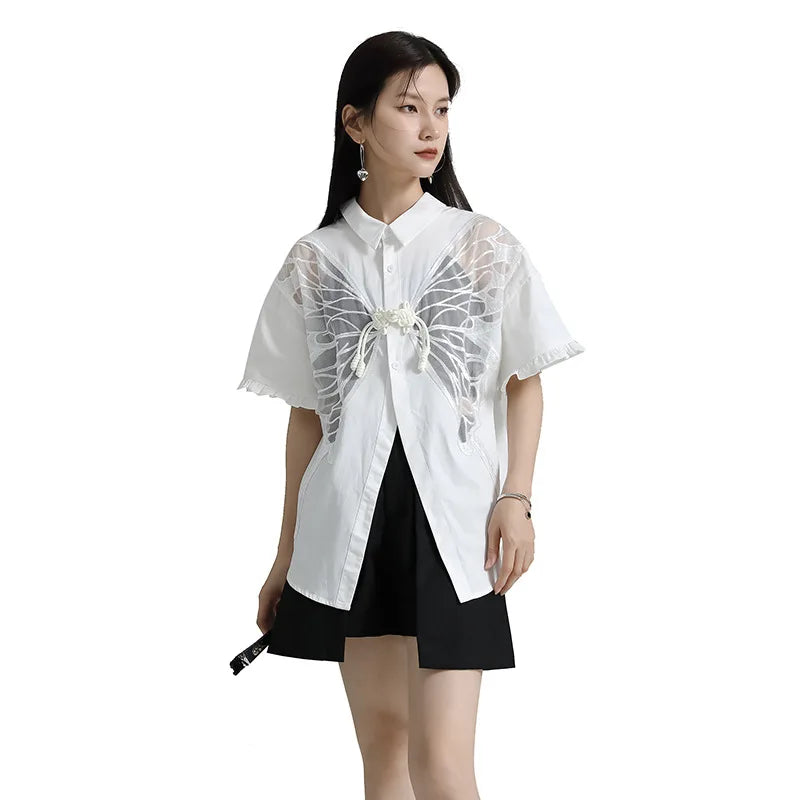 A Butterfly White Short Sleeved Shirt On Both Sides For Women's 2024 Summer New Design With Sense Of Niche Fashion