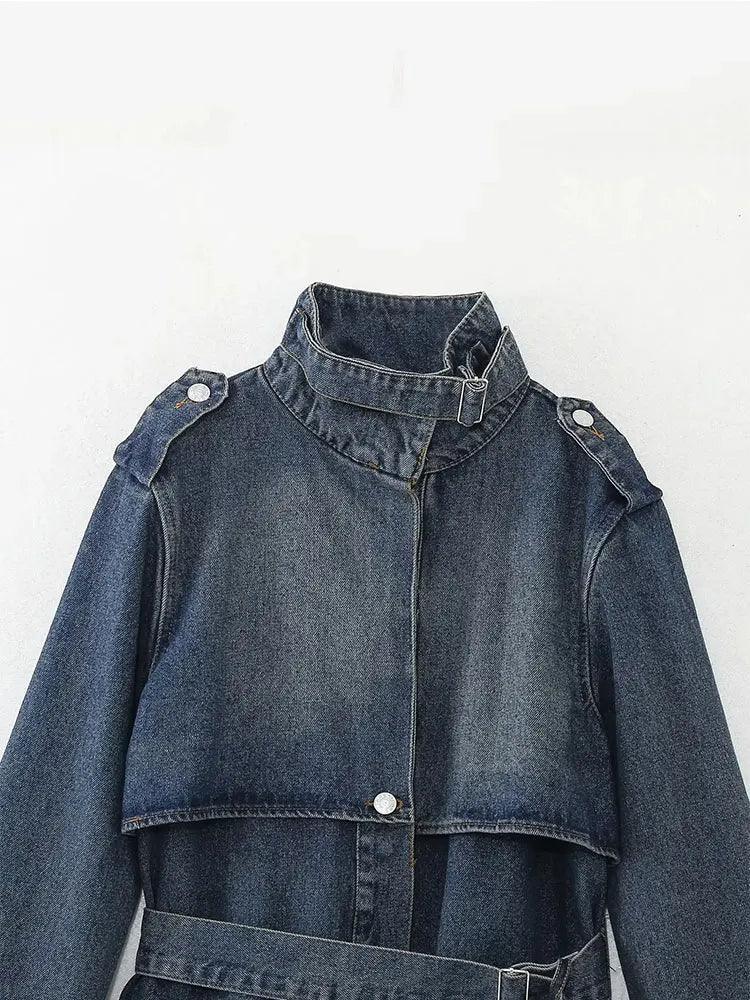 2024 Autumn Mid - length Denim Trench For Women Belt On Waist Loose Lapel Windbreaker Female New - Trendy Mix
