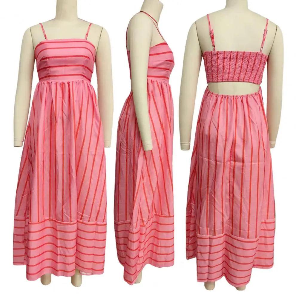 Chic Striped Backless Maxi Sundress with A-line Silhouette for Summer Beach Getaways - Trendy Mix