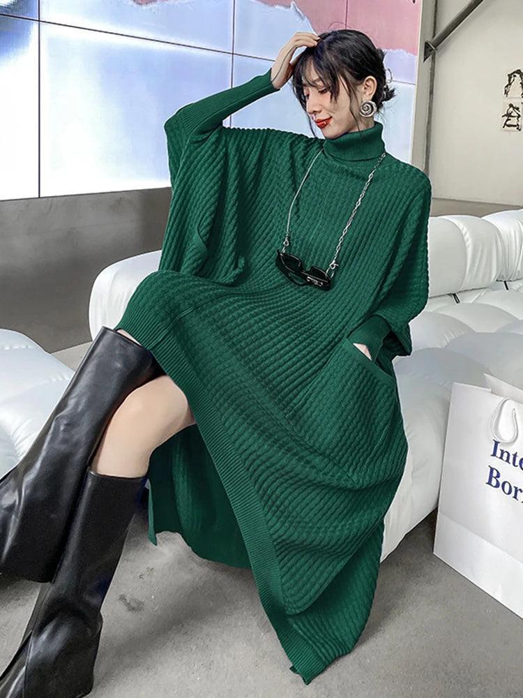 Blue Irregular Turtleneck Knitted Sweater - Trendy Mix