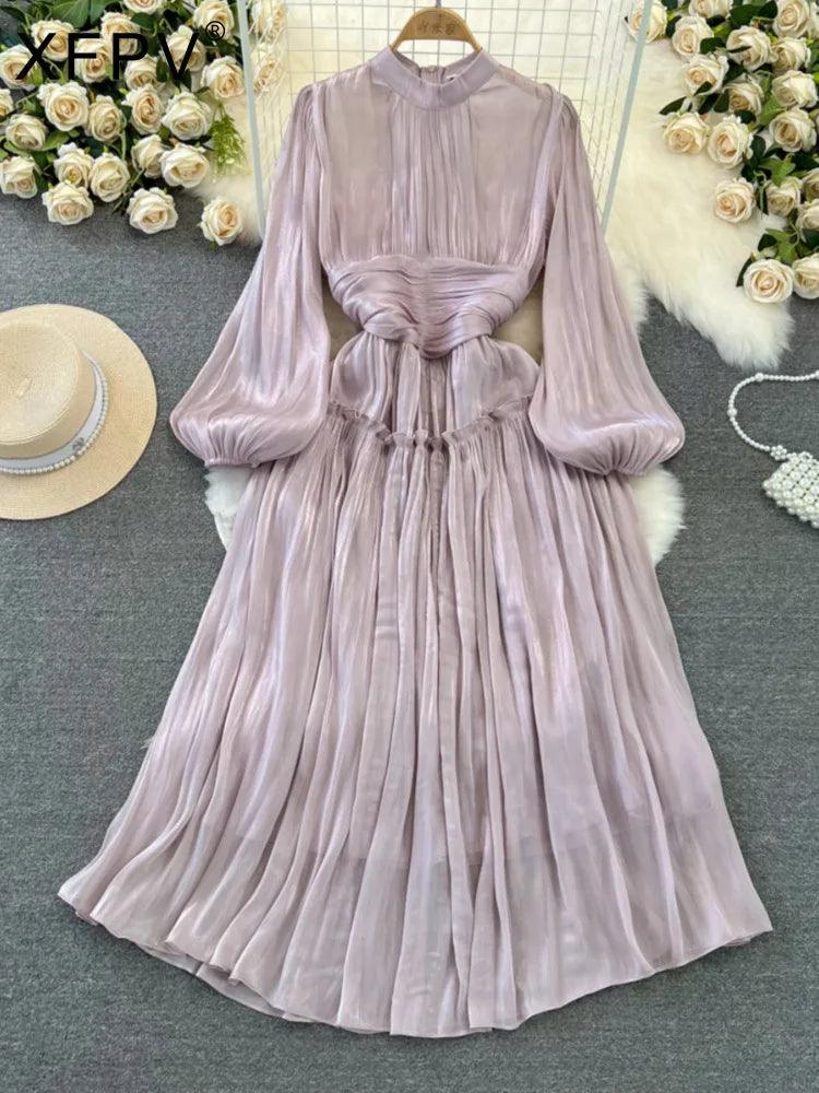 Women Holiday Style High Waist Pleated A-line Dresses Stand Collar Lantern Sleeve Vestidos Spring Summer 2024 - Trendy Mix