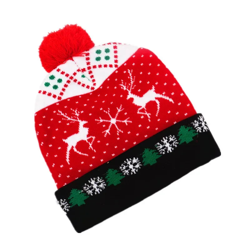 2025 Christmas Hat Santa Claus Hat LED Illuminated Cartoon Pattern Christmas Decorative Knitted Brimless Hat New Year Gift