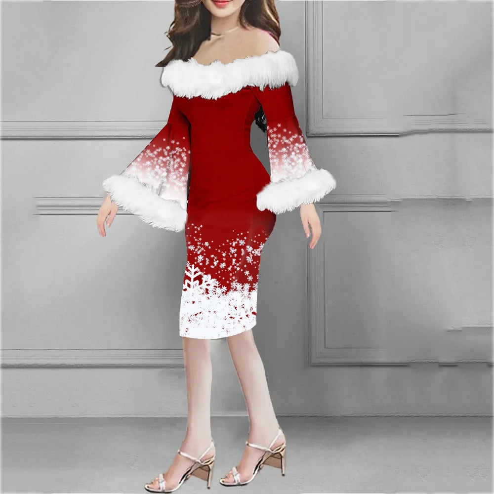 Christmas Print Off-Shoulder Midi Dress