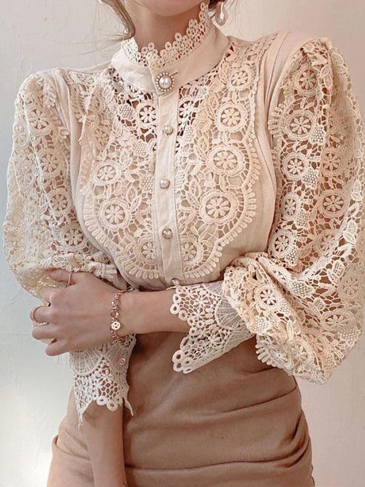 Chic Lace Collar Puff Sleeve Blouse - Trendy Mix