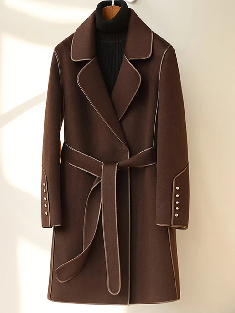 2024 Winter New Wool Coats For Women Lapel Long Sleeves Belt Coats Office Lady Fashion