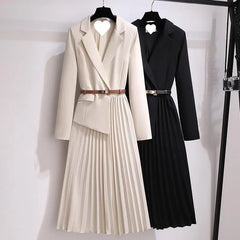 Beige Pleated Women Dresses Black Long Sleeve Working Clothes Loose Fit Fashion Spring Autumn Fake Two Pieces Suit France Dress