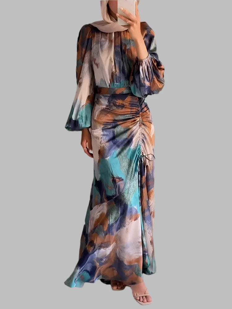 Elegant Tie Dye Print Pleated Dress For Women Long Lantern Sleeve Half High Collar Female Dresses 2024 Spring Summer  Lady Robe