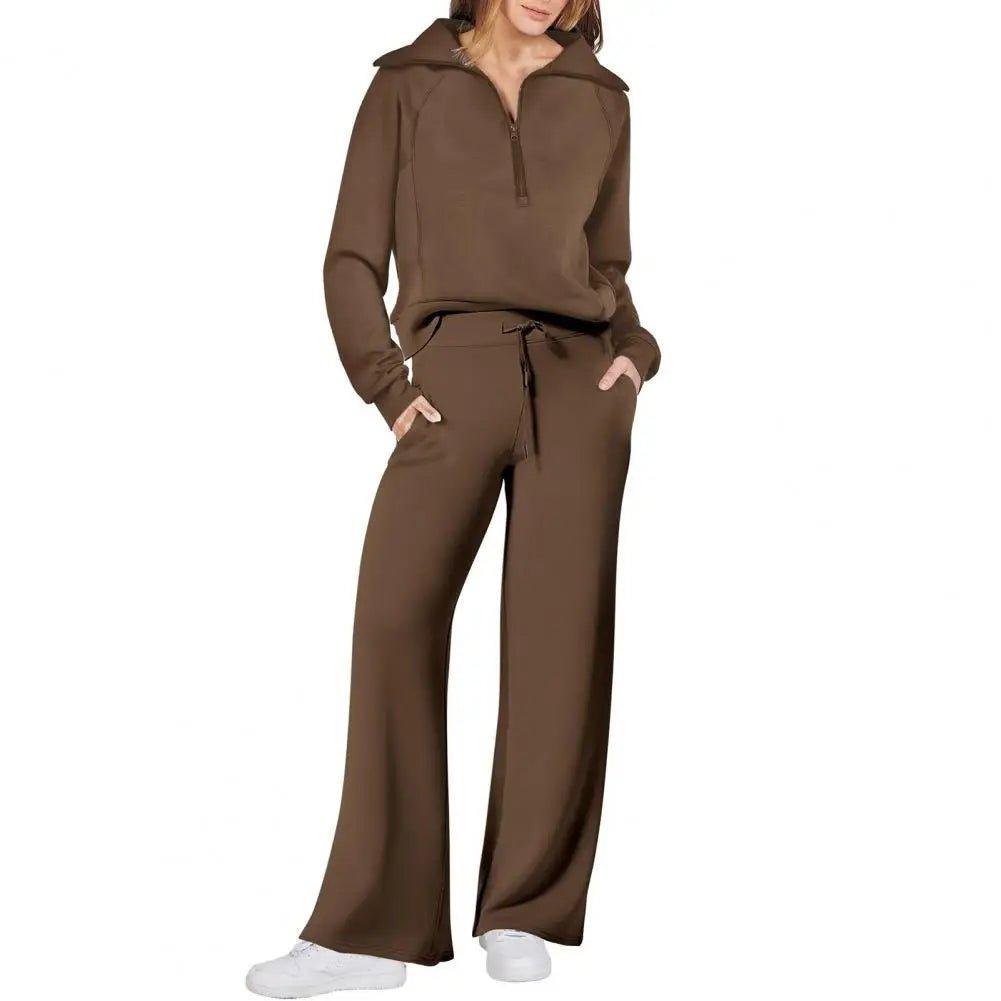 1Set Women Two - piece Suit Wide Leg Oversized Sweatshirt Pants Set Thick Loose Solid Color Tracksuit Set with Lapel Coat for Fall - Trendy Mix