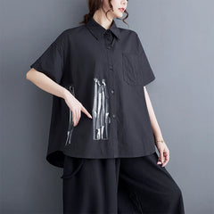 Print Fashion Loose Fit Short-Sleeve New Summer Woman Black Shirt Korean Style Girls Casual Wear Oversized Large Blouse