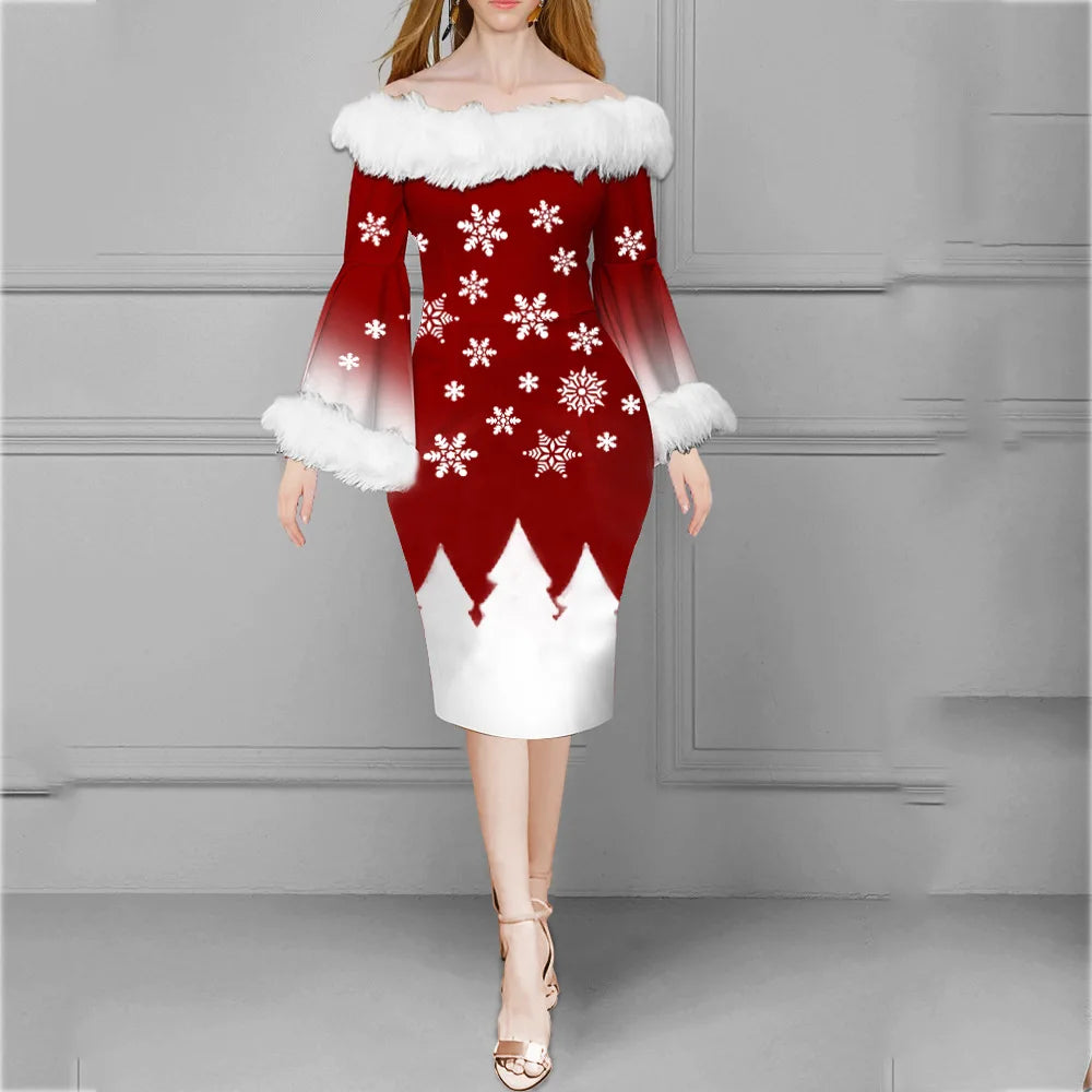 Christmas Print Off-Shoulder Midi Dress