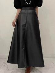 High Waisted Slimming PU Leather Skirt Fashion All-match Temperament A-line Long Skirts Women 2024 Autumn