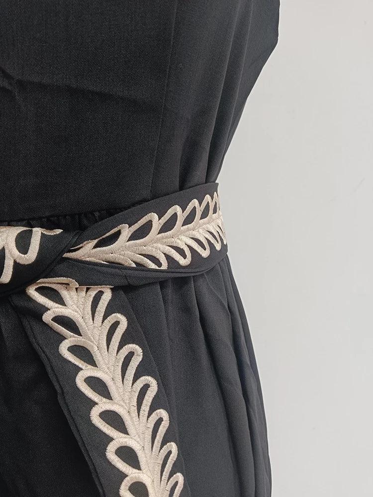 Elegant Embroidery Spliced Belt Dress For Women - Trendy Mix