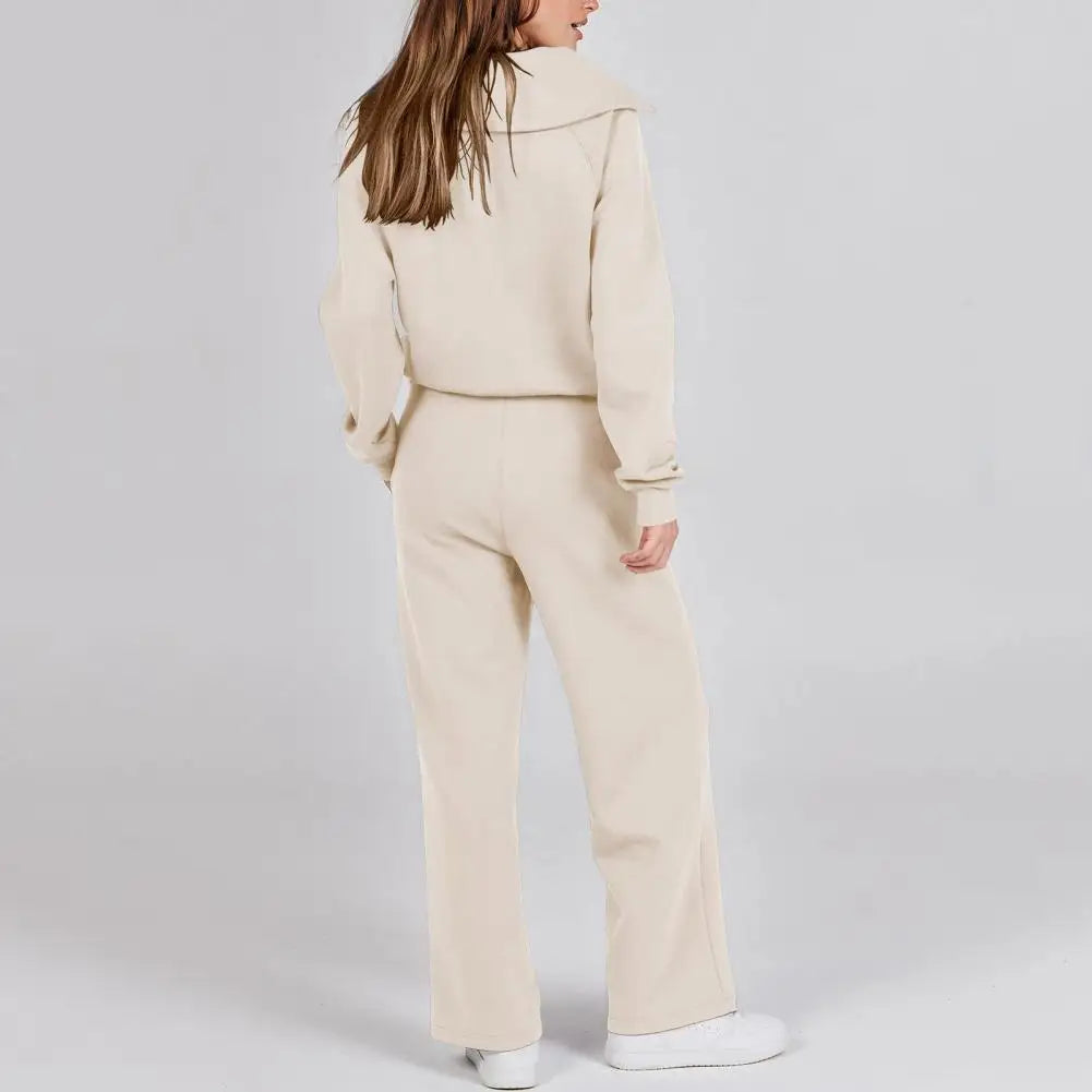 1Set Women Two-piece Suit Wide Leg Oversized Sweatshirt Pants Set Thick Loose Solid Color Tracksuit Set with Lapel Coat for Fall