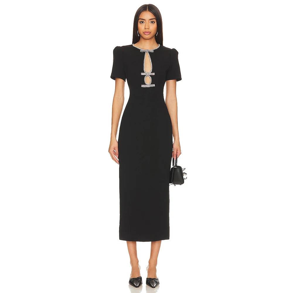 2024 Women’s Black Hollow Diamond Bandage Midi Dress - Trendy Mix