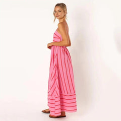 Chic Striped Backless Maxi Sundress with A-line Silhouette for Summer Beach Getaways - Trendy Mix