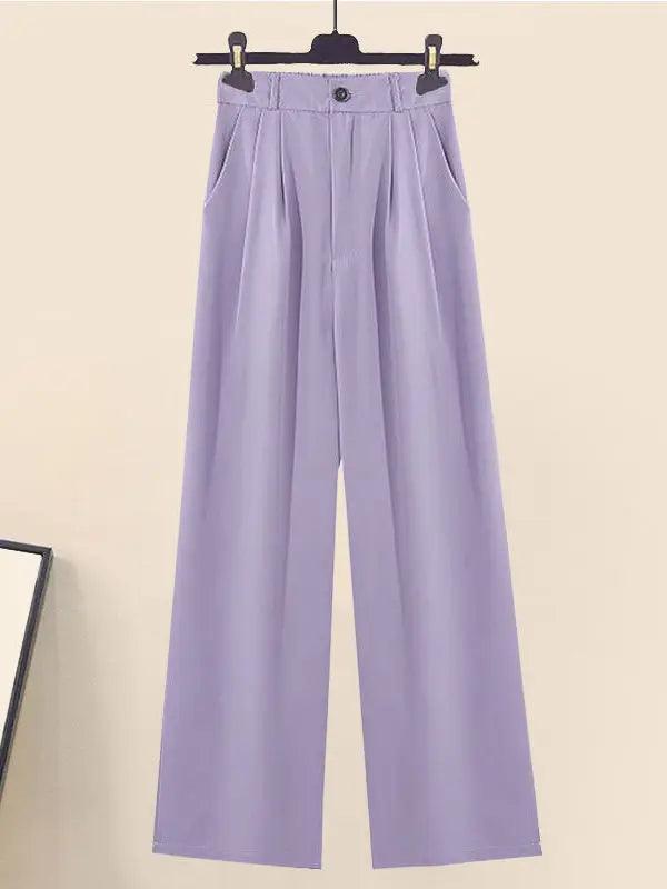 Women Summer Purple 3 Pieces Set Fashion Short Vest+long Sleeve Backless Chiffon Sunscreen Blouse+wide Leg Long Pants Sets - Trendy Mix