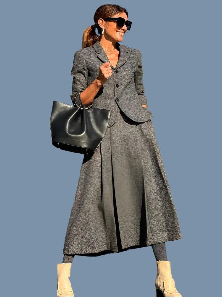 2024 Autumn Women Fashion Suits Trend Solid V Neck Textured Slim Blazer + With Pleats Commute Office Lady Female Skirt - Trendy Mix