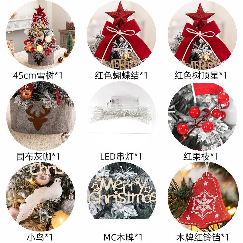 45/60cm Mini Christmas Tree With Lights DIY Desktop Golden Red Christmas Decorations 2024 New Year Home Party Windows Ornaments