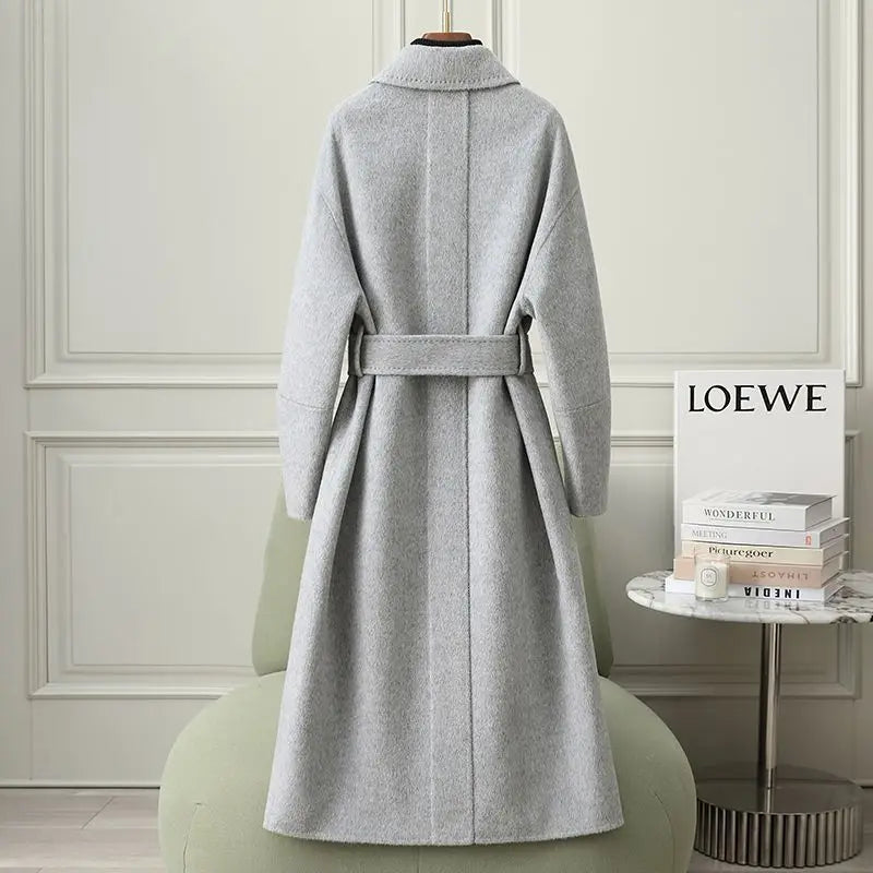 Korean Style Ladies Long Below The Knee Double-Sided Cashmere Coat Fashion Lace-up Hepburn Style Casual Women Woolen Outwear