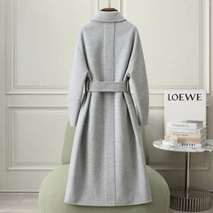 Korean Style Ladies Long Below The Knee Double-Sided Cashmere Coat Fashion Lace-up Hepburn Style Casual Women Woolen Outwear