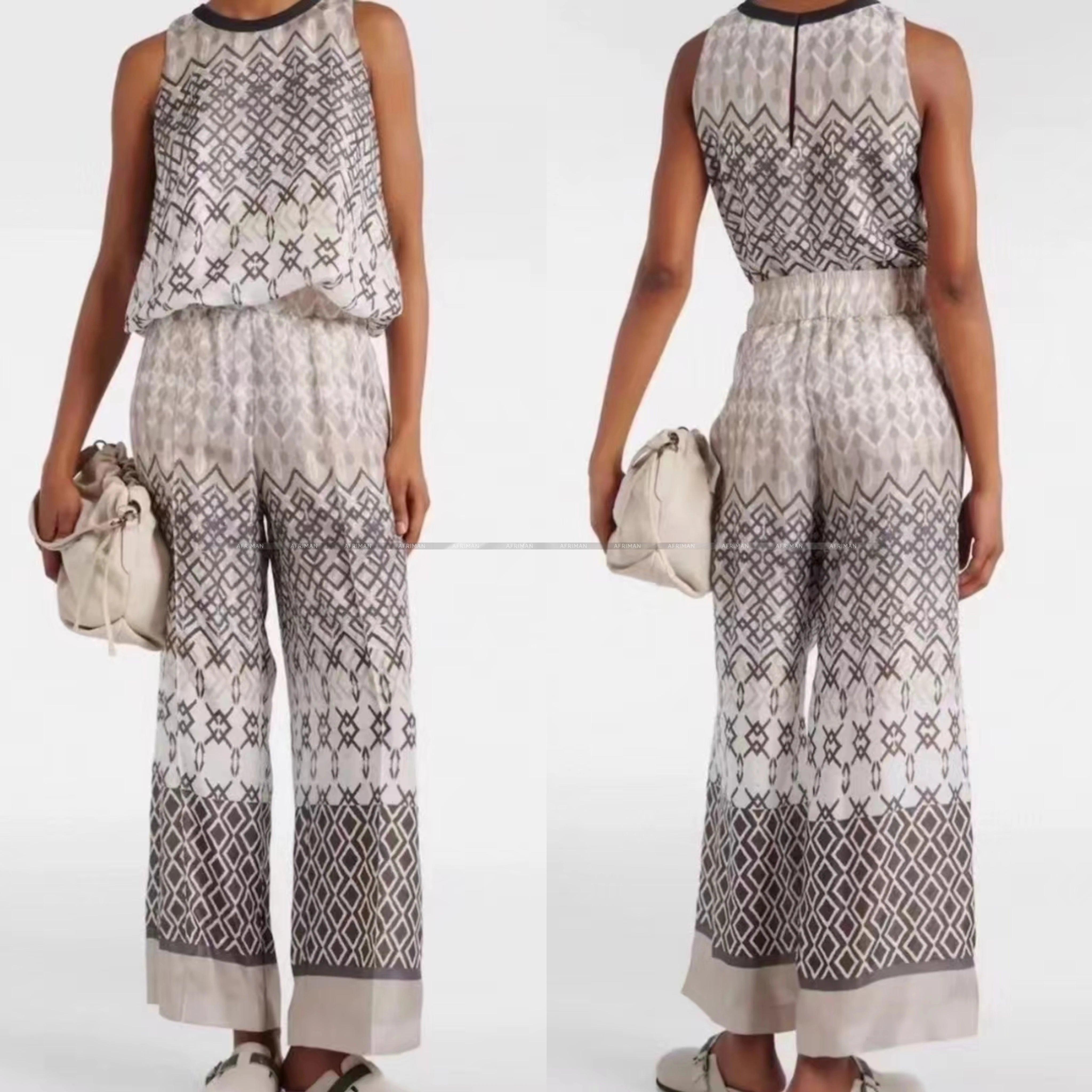 Geometric Silk Elegance: Sleeveless Vest & Wide-Leg Pants Set - Trendy Mix