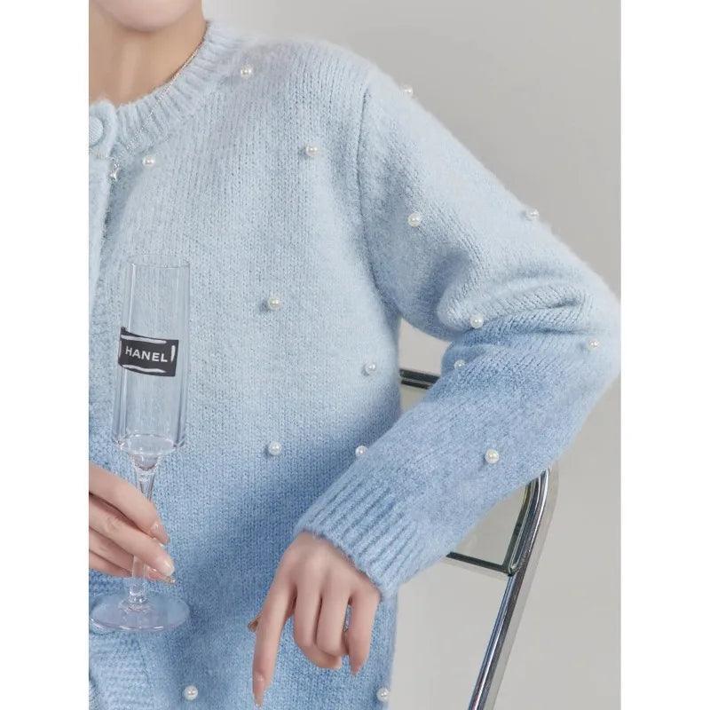 Women Two-piece Set of Retro Blue Gradient Sweater Top Knitted Half Skirt Small Fragrant Style Set