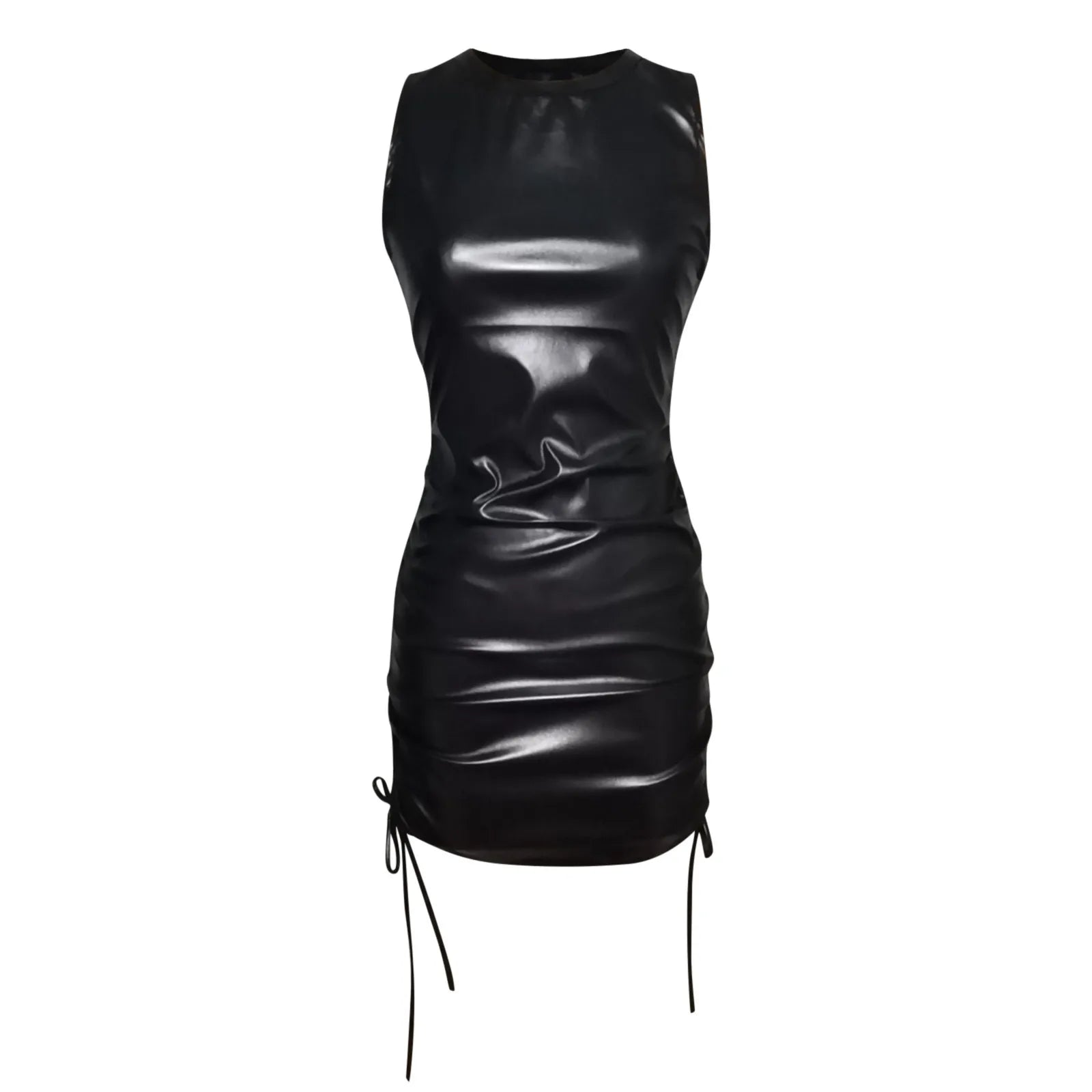 Fashion New Pu Leather Mini Dress Ruched Sleeveless Bodycon Sexy Streetwear Party Clubwear Elegant Autumn Winter Inside Dress