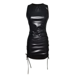 Fashion New Pu Leather Mini Dress Ruched Sleeveless Bodycon Sexy Streetwear Party Clubwear Elegant Autumn Winter Inside Dress