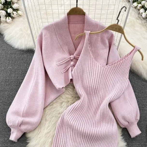 Solid Color Knitwear Set Lace up New Chinese Knitted Cardigan Women Sweater Coat Camisole Dress Two Piece Set Women Outfits