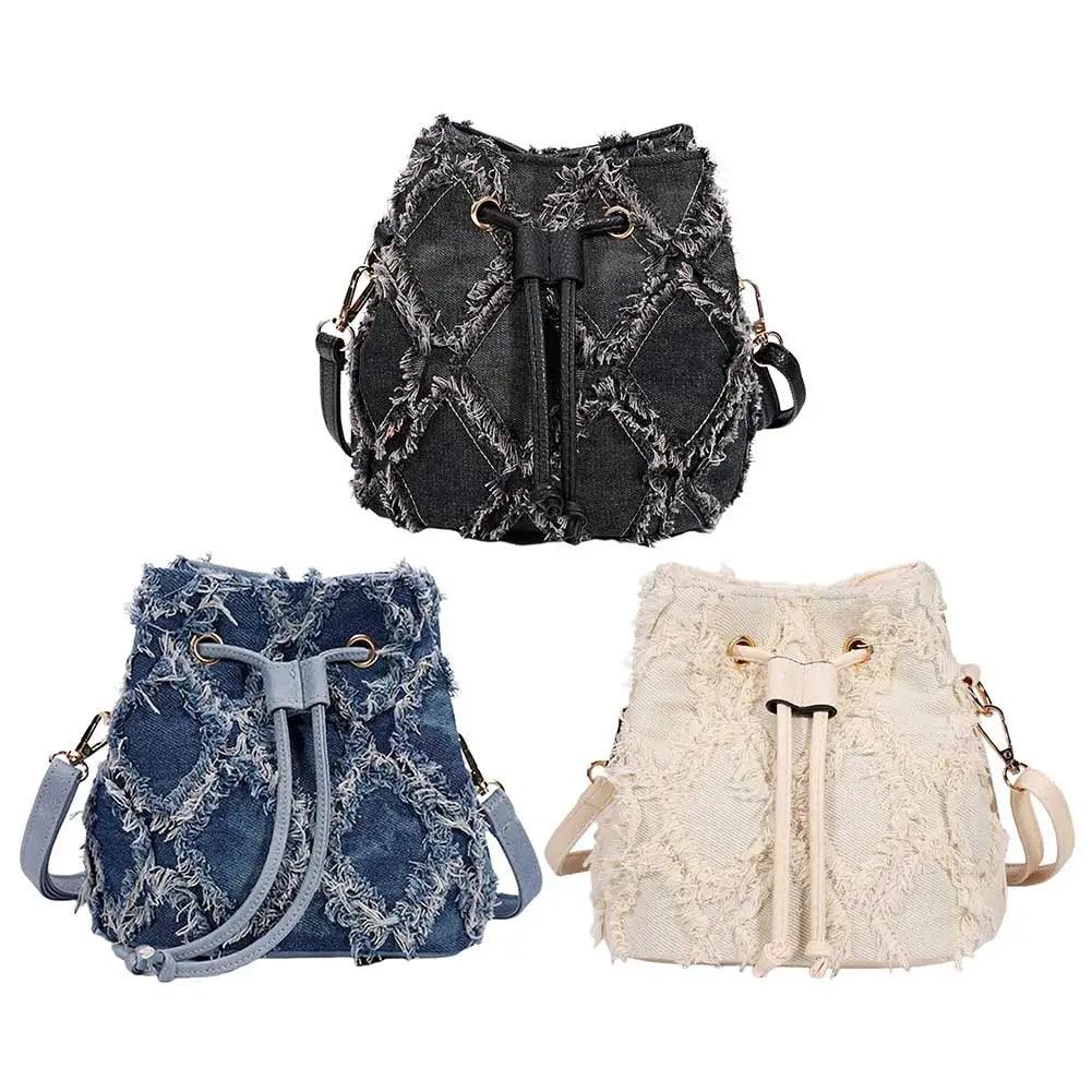 Trendy Denim Bucket Bag with Tassel Detailing - Trendy Mix