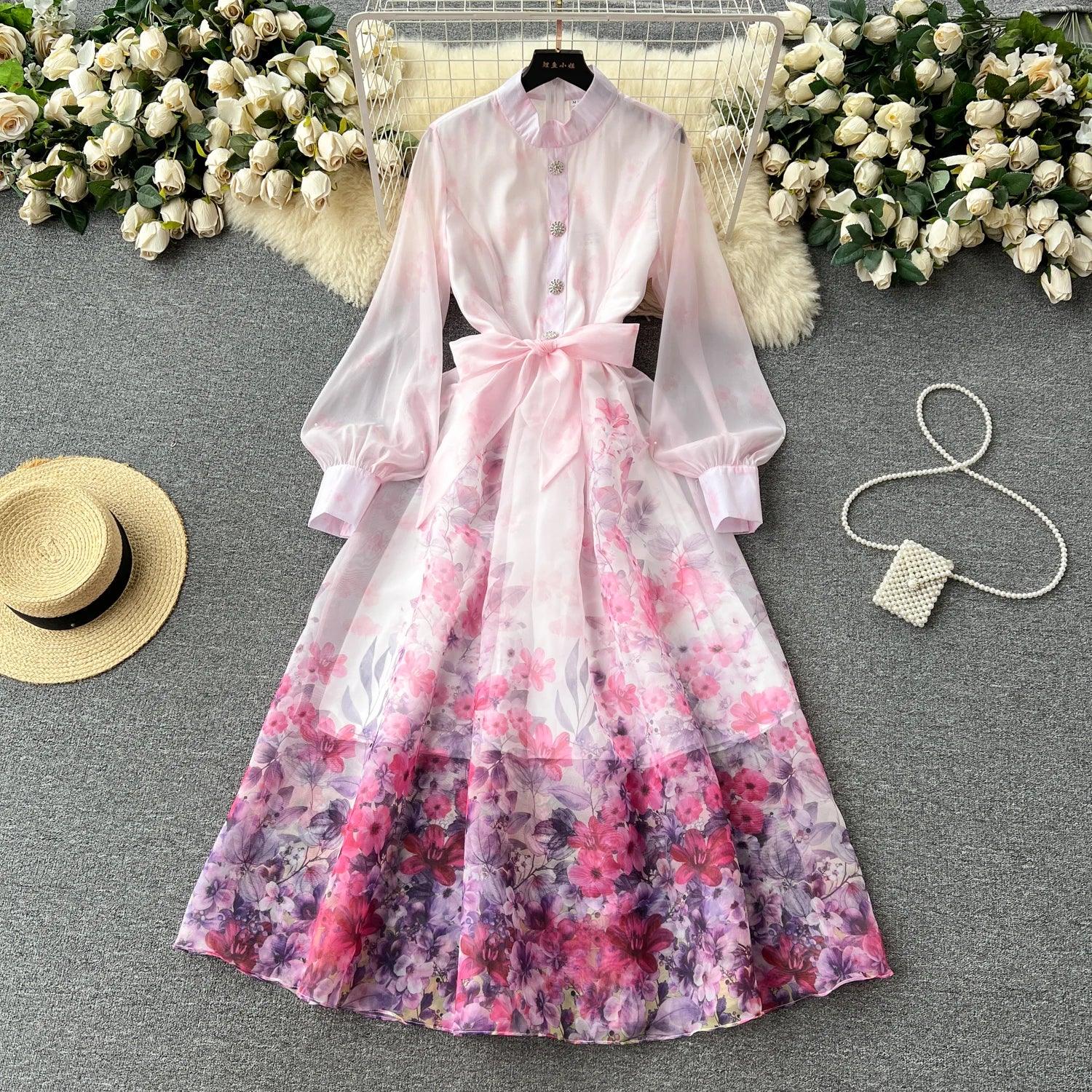 Retro Elegant Print Lace Up Dress A-line Long - Trendy Mix